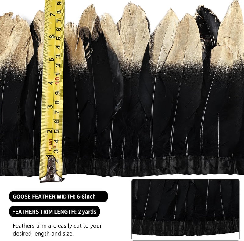 MAOFENG 2 Yards Natural Goose Feathers Trim Sewing Fringe Fashion Dress Sewing 6-8inch for DIY Handicrafts Costumes Decoration,Black Golden - Image 2